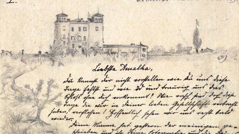 Razglednica z risbo gradu Dobrovo Elvire de Baguer iz leta 1898